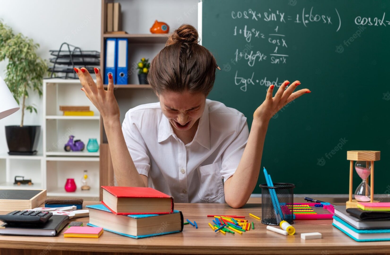 annoyed and stressed teacher in a classroom