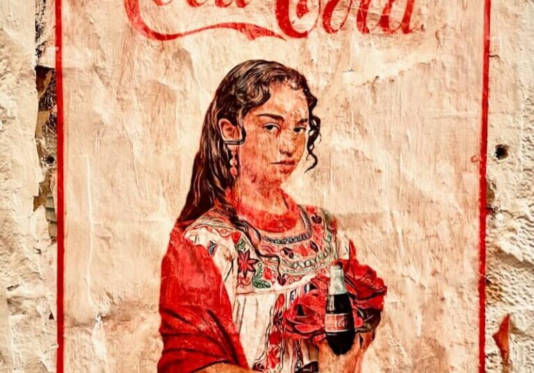 A painting of a woman holding a bottle of coca cola